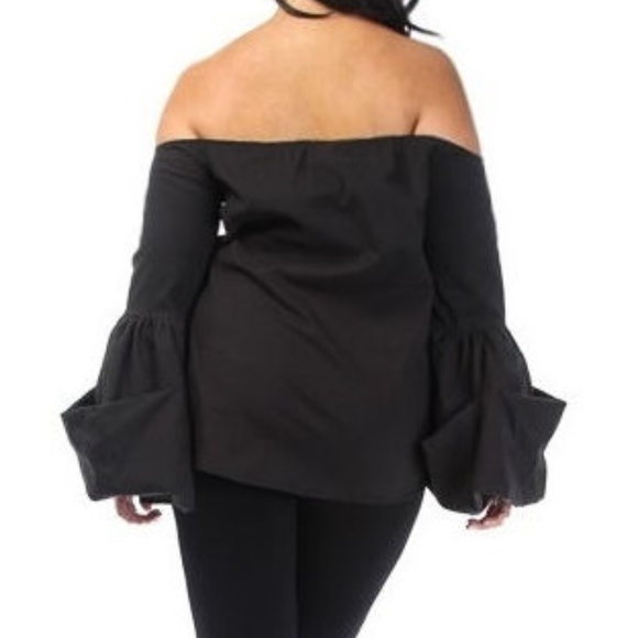 Black Off Shoulder Puff Bell Sleeve Shirt Blouse - Picture 3 of 3